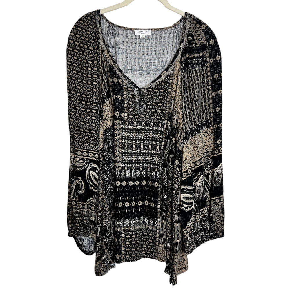 Westbound Woman Plus Size Blouse 2X Linen Blend Neutrals Mixed Print Artsy Boho